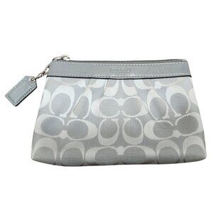 Coach Signature Wristlet Pouch Gray Canvas Leather Trim Small Clutch Wallet